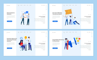 Set of website template designs of business success, project management, big data analysis, startup, teamwork. Vector illustration concepts for website and mobile website development. 
