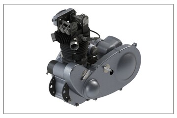 3D design of a motorcycle engine with exploded view.