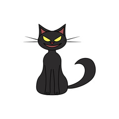 Vector cartoon black cat. Halloween character for decoration. Colorful witch's animal with black contour.