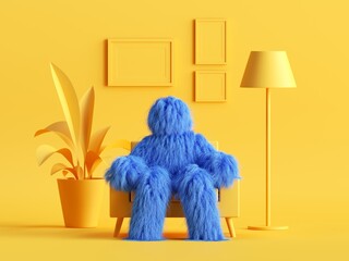 3d render, hairy yeti toy, blue cartoon character monster sits in an armchair inside modern minimal yellow living room. Abstract dollhouse interior - obrazy, fototapety, plakaty