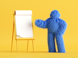 3d render. Funny hairy yeti toy, blue monster stands near the presentation easel board. Blank business mockup. Conference speaker concept. Clip art isolated on yellow background - obrazy, fototapety, plakaty