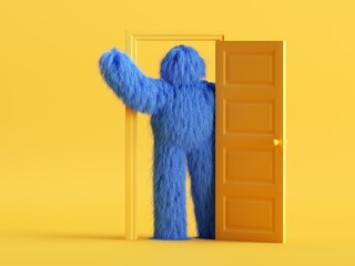 3d render, funny hairy blue monster with hand up, stands inside the doorway, in the yellow room. Modern minimal cartoon character concept