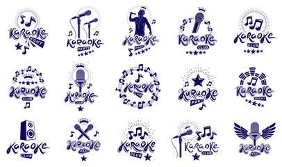 Fototapeta premium Karaoke logos and emblems vector set, microphones and musical notes singing party or club compositions isolated collection, music entertainment nightlife weekend holidays or birthday theme.