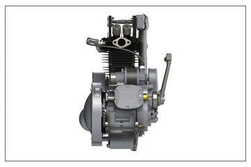 3D design of a motorcycle engine with exploded view.