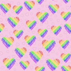 Seamless vector pattern with rainbow LGBT hearts shaded lines on pink background. Pride flag color illustration