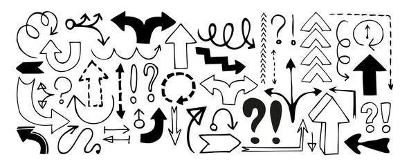 Doodle arrows, exclamation signs and question marks