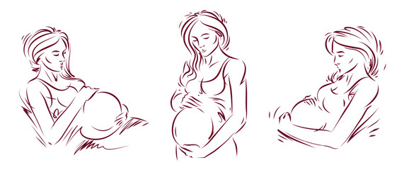 Pregnancy and motherhood theme vector illustrations set pregnant woman drawings isolated on white background, prenatal pregnant beautiful female new life theme.