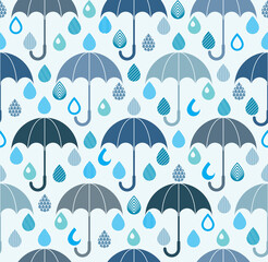 Rain drops and umbrellas seamless pattern, weather nature motif vector blue colored repeat endless background, dew water dripping falling.