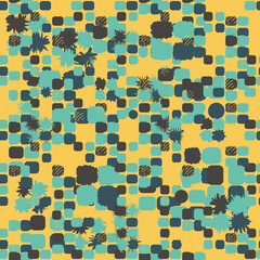 Yellow, blue abstract seamless pattern with lines and dots