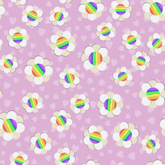 LGBT protective flowers pattern. White daisies with rainbow on pink background