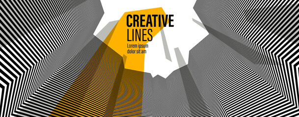 Abstract vector 3D lines with yellow elements background, black and white linear perspective dimensional optical pattern.