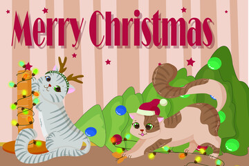 Naklejka premium two Christmas fluffy kittens, a pet in a deer costume, a brown with spots shaggy plump cat walks next to a Christmas tree, Christmas decorations, garlands and a star. vector illustration.