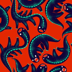 Scary horror monsters seamless vector textile pattern, beasts creatures endless wallpaper, stylish background for Halloween theme, funny picture.