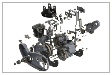 3D design of a motorcycle engine with exploded view.
