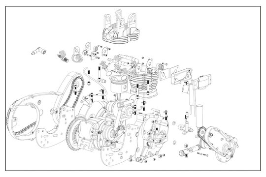 3D Design Of A Motorcycle Engine With Exploded View.