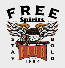 Wings Open Eagle on a Flag Illustration with Free Spirits Club Slogan Vector Artwork on White Background For Apparel and Other Uses
