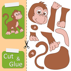 Cut and glue the paper Monkey. Create application the cartoon funny Ape. Education riddle entertainment and amusement for children. Kids logic game, activities jigsaw. Preschool worksheet activity.