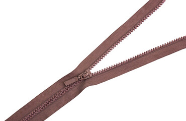 Brown zipper lock for jacket on white background isolate