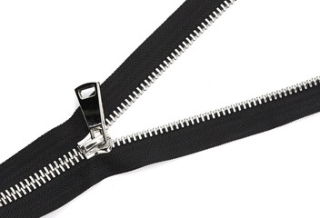 Black zipper lock for jacket on white background isolate