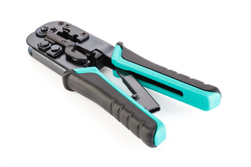 Modular crimper for RJ-45 and RJ-11 isolated on white background. internet or telephone line cables and crimper. Crimping connector RJ45 and LAN cable. Full depth of field. Close-up