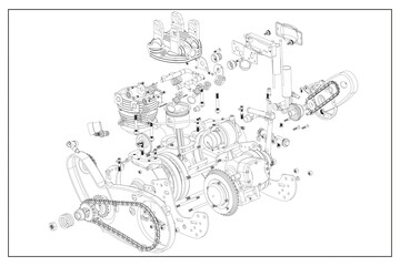 Obraz premium 3D design of a motorcycle engine with exploded view.