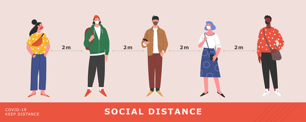 Covid-19 preventive measures. Vector illustration in contemporary flat style  of diverse group of people in medical face masks keeping safe distance. Isolated on background.