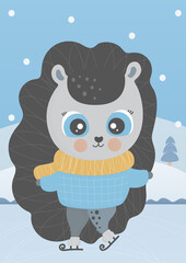 A cute little hedgehog is skating on ice in the forest. Rectangular background. Happy New Year and Merry Christmas card and poster for nursery. Illustration for kids, toddlers. Winter design. Vector.
