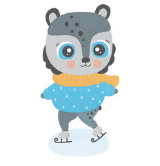 A cute little teddy bear is skating on ice. Outdoor recreation on a white background. Christmas isolated baby illustration. Winter cartoon theme. Character for print, design, sticker, textile. Vector.