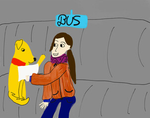 Dog and girl reading a document in the bus (childlike drawing)
