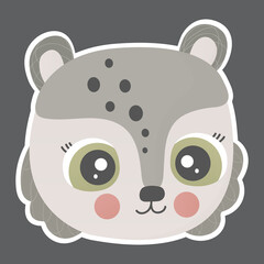 Cartoon cute teddy bear face with ruddy cheeks and white outline on a square dark background. For sticker, poster, print on clothes, postcard, interior elements for nursery. Kawaii character. Vector.