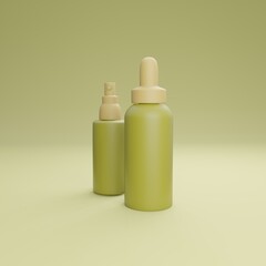 Elegant cosmetic bottles on medallion background. Modern cover design. 3d illustration.