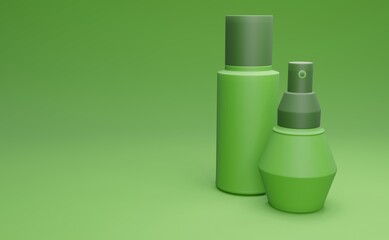 Cosmetic bottles on green background. Modern cover design. 3d illustration.