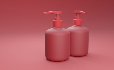 Elegant red cosmetic bottles on a red background. Modern cover design. 3d illustration.