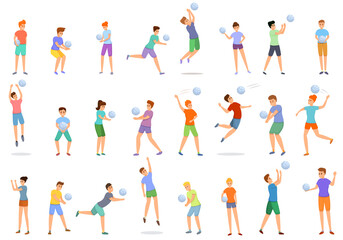 Fototapeta na wymiar Kids playing volleyball icons set. Cartoon set of kids playing volleyball vector icons for web design