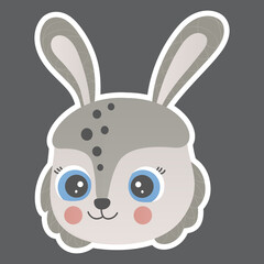 Cartoon cute face of smiling little hare with big eyes, ruddy cheeks, white outline on a square dark brown background. For sticker, poster, children's design, postcard. Easter bunny character. Vector.