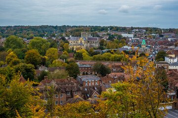 A view from St Giles Hill over the city of Winchester, UK in Autumn