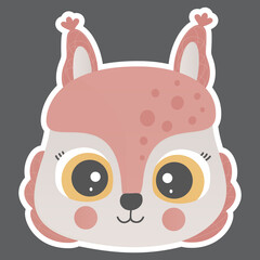 Cartoon cute face of smiling little squirrel in pink colors with big yellow eyes, ruddy cheeks, white outline on a square dark brown background. For sticker, poster, mask. Children's character. Vector