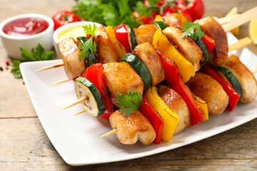 Delicious chicken shish kebabs with vegetables on wooden table, closeup