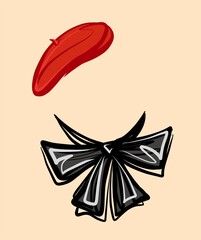 Accessory for the face. Trendy black bow around the neck and red beret. Vector on an isolated background. Portrait mask.