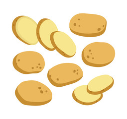 Vector illustration of potato and sliced potato. Set of potatoes isolated on white background. Illustration of vegetables. Vegan concept. Suitable for illustrating healthy eating, recipes, local farm.