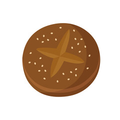 Vector illustration of round black bread, made of rye flour, sprinkled with sesame seeds. Hand-drawn round bread set isolated on white background. Baking products. Healthy eating.