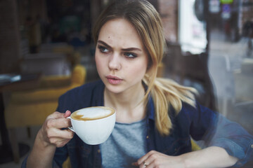 woman drinking coffee rest morning snack restaurant