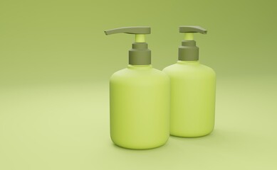 Set of empty realistic package for cosmetic product. Collection of blank template of plastic container. Mockup of packages isolated on lime background.3d illustration.