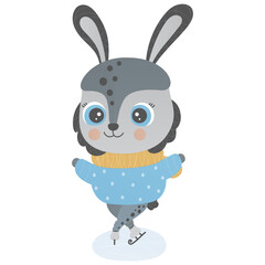 A cute little hare is skating on ice. Rabbit on a white background. Christmas isolated children illustration. Funny bunny. Winter cartoon character for print, nursery design, sticker, clothes. Vector.