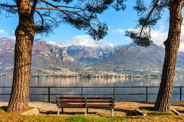 Bench among trees and Lake Como in Italy.