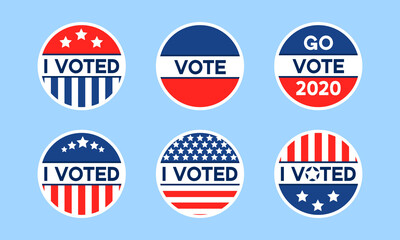 USA 2020 voting icons. Set of circle flat stickers with I voted quote in red and blue, stars and stripes. Round american elections labels. Concept of responsibility