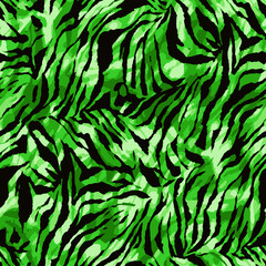 Full seamless wallpaper for zebra and tiger stripes animal skin pattern. Black and green design for textile fabric printing. Fashionable and home design fit.