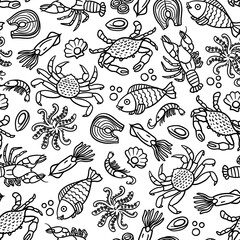 Naklejka premium Vector cartoon pattern on the theme of seafood, marine life. Background with isolated hand drawn fish, octopus, crayfish, crabs, shrimps, mussels, squids on white color
