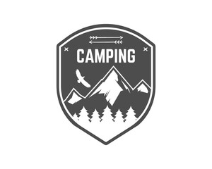 Camping Label. Vintage Mountain winter camp explorer badge. Outdoor adventure logo design. Travel monochrome and hipster color insignia. Snowboard icon symbol. Wilderness emblem and stamp.