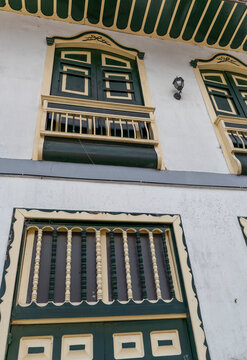 Balconies and windows of red, blue, green, yellow colors in the coffee region in Colombia